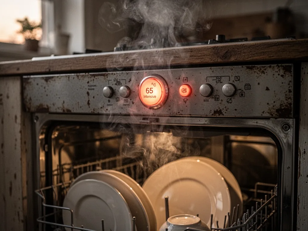 A dishwasher control panel with a glowing 65°C intensive button, steam rising from the open door, worn metal surface, ce