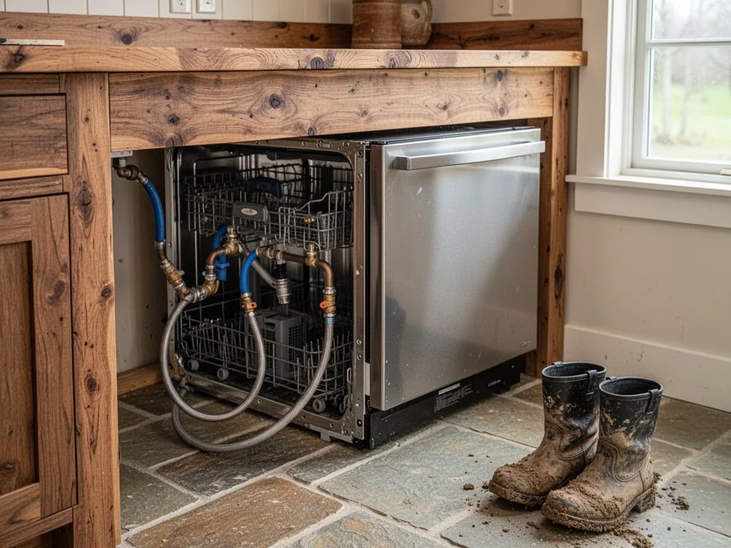 A stainless steel dishwasher being installed under a wooden farmhouse countertop, exposed water hoses and fittings, ston